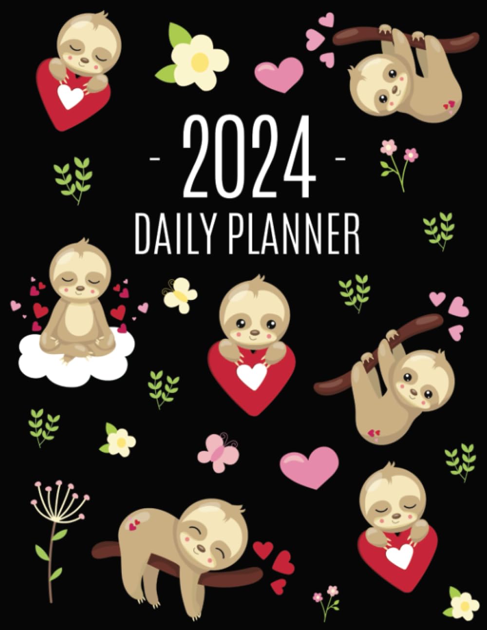 ler totalmente Baby Sloth Daily Planner 2024: Cute Jungle Animal Year Organizer (12 Months) With Yellow Butterflies & Pink Hearts