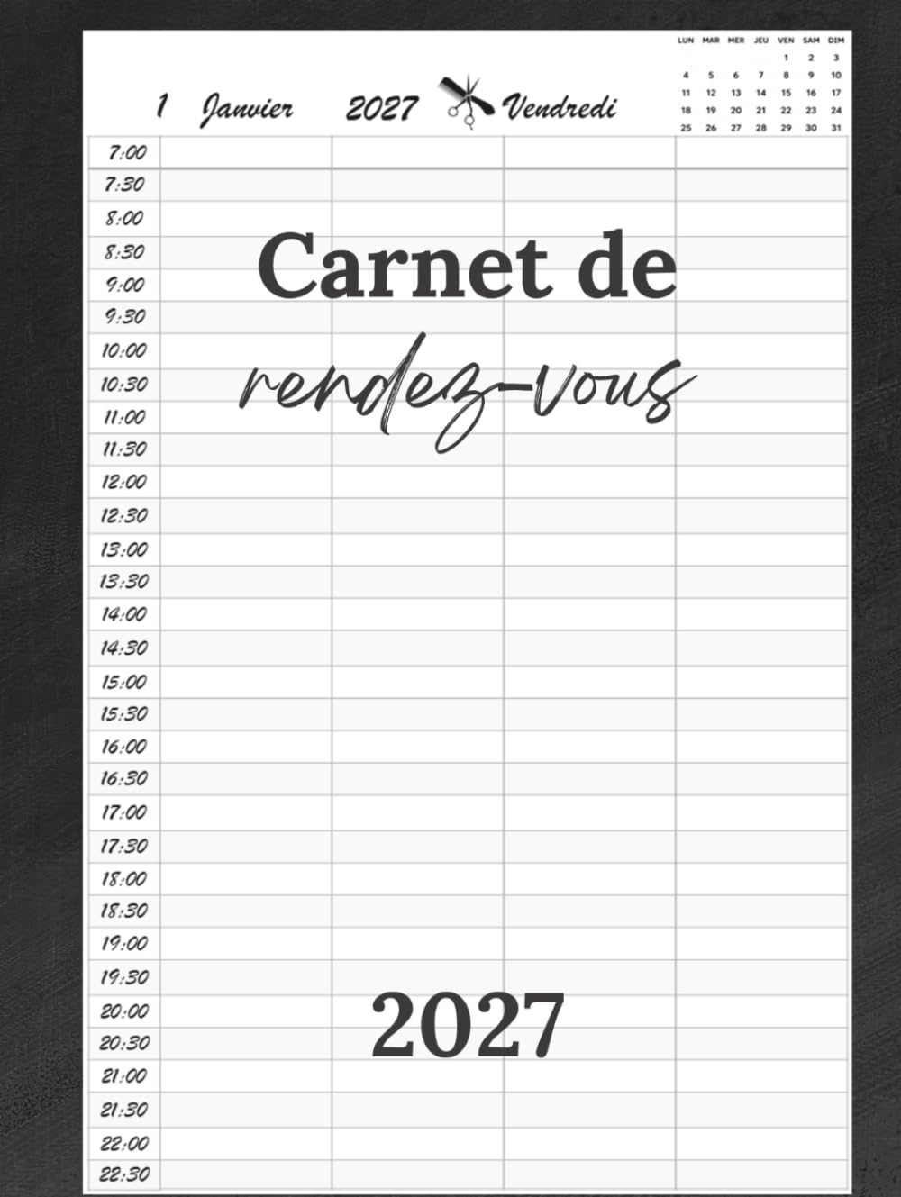Carnet de rendez-vous coiffeur 2027: Agenda coiffure rendez-vous 2027, un jour = une page, de 07:00 à 22:30 intervalles de 30 minutes, Format A4. (French Edition) baixar livro de graça