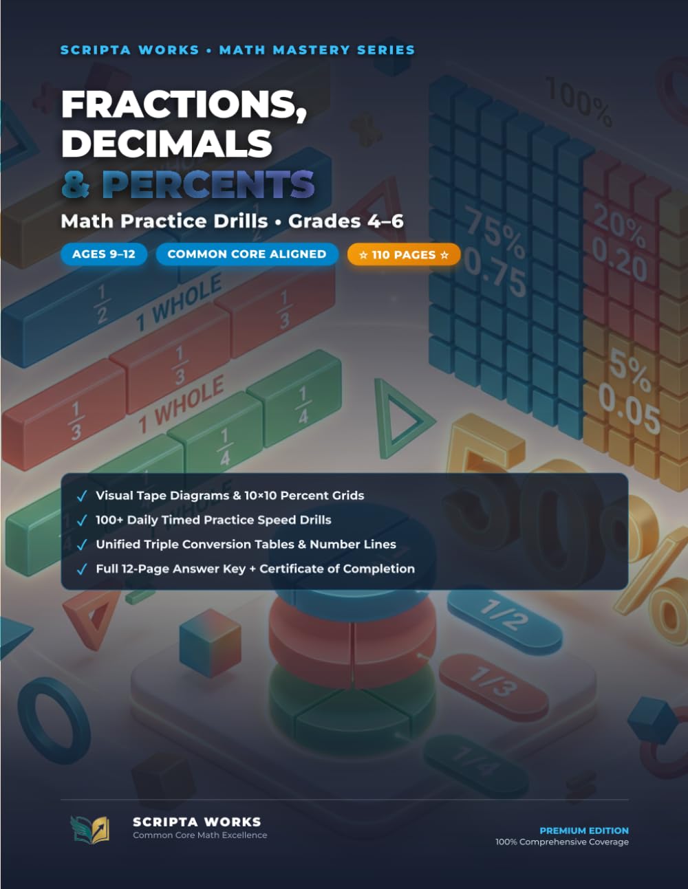 capítulo por capítulo baixar Fractions, Decimals & Percents Math Practice Drills: 100+ Daily Timed Practice Tests, Word Problems, and Unified Conversion Tables for Common Core Standards Mastery (Grades 4-6, Ages 9-12)
