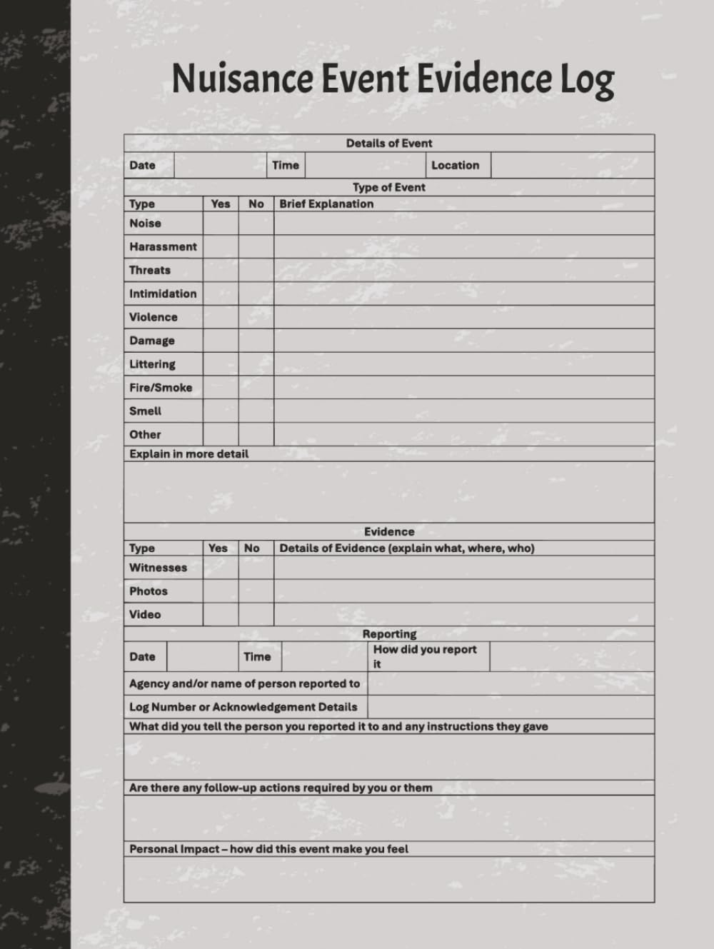 capítulo por capítulo baixar Nuisance Event Evidence Log: To maintain a detailed log of events and situations to build evidence and present your case
