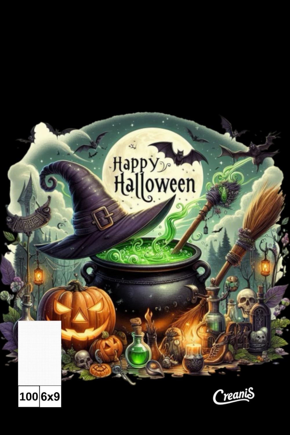 ler totalmente Notatnik Jaga 1.1 - 1(k5) 100M: Ten notes ma kolorową okładkę z motywem Halloween, na której znajdują się ilustracje czarownicy, dyni, kociołka i... domu pod pełnią księżyca. (Polish Edition)