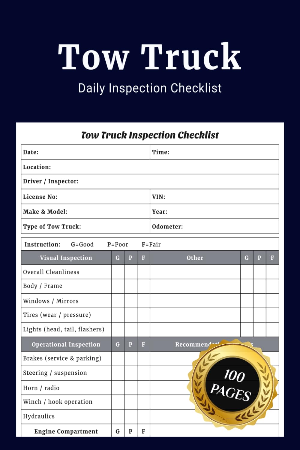 Tow Truck Daily Inspection Checklist: Simple Tow Truck Pre Use Safety and Maintenance Journal to Record Daily Checks Vehicle Condition Defects Repairs Controls Operator Notes and Inspection Records baixar livro de graça