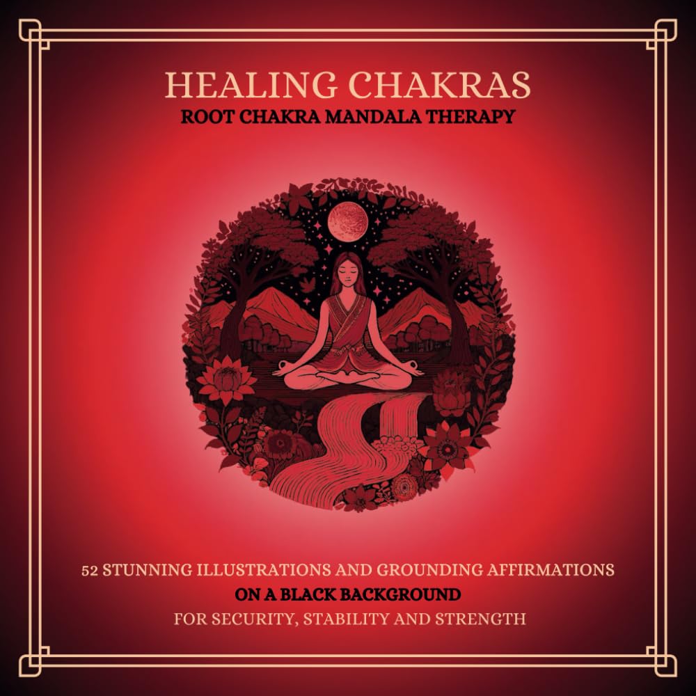 ler totalmente Healing Chakras - Root Chakra Mandala Therapy: Mindful Adult Coloring Book with Affirmations for Relaxation, Stress Relief, and Inner Peace on a BLACK BACKGROUND