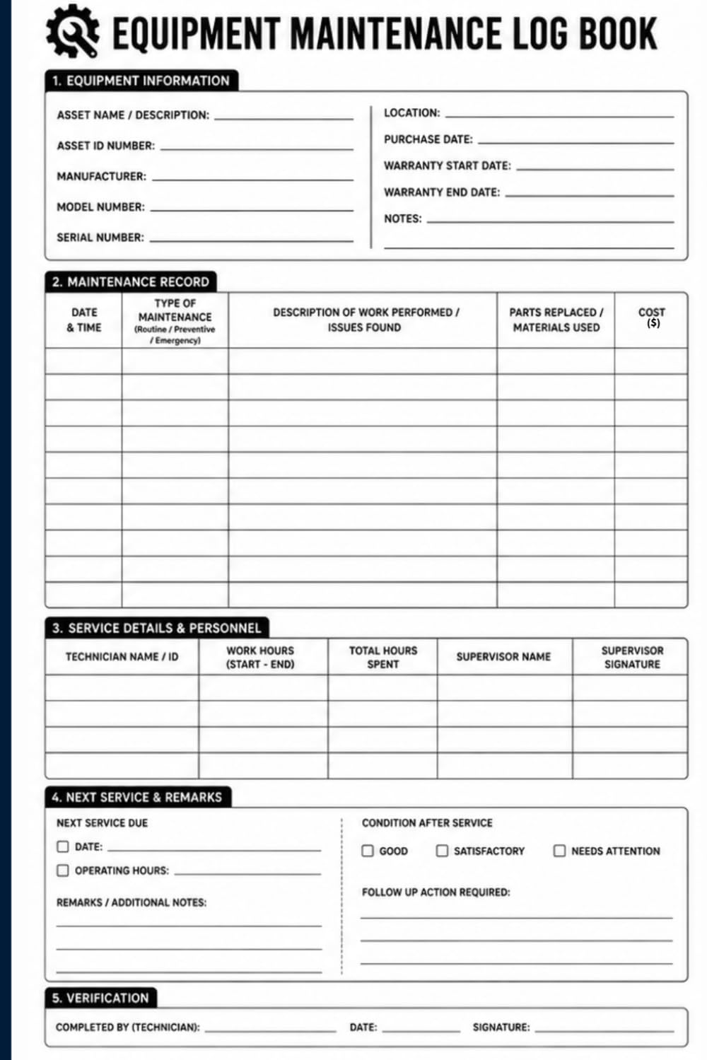 capítulo por capítulo baixar Equipment Maintenance Log Book: Machinery Service & Repair Record for Maintenance, Parts, Costs, Technician Notes & Next Service | 6 x 9 Inch | 110 Log Pages
