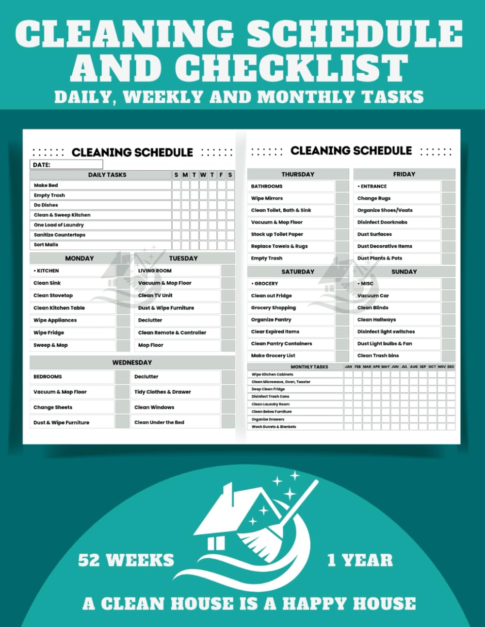 ler totalmente Cleaning Schedule and Checklist: Daily, Weekly and Monthly Tasks, 52 Weeks/1 Year - Stay Organized and Keep Your Home Spotless! A Clean House is a Happy House. 8,5x11 inch.