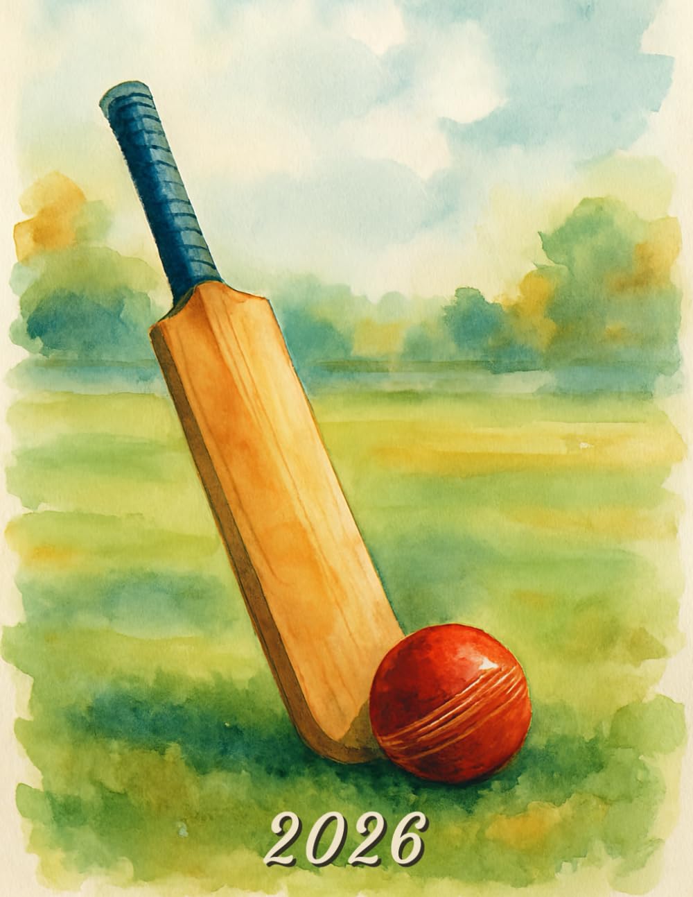 capítulo por capítulo baixar 2026: Large Monthly Calendar Planner – Watercolor Cricket Bat And Ball