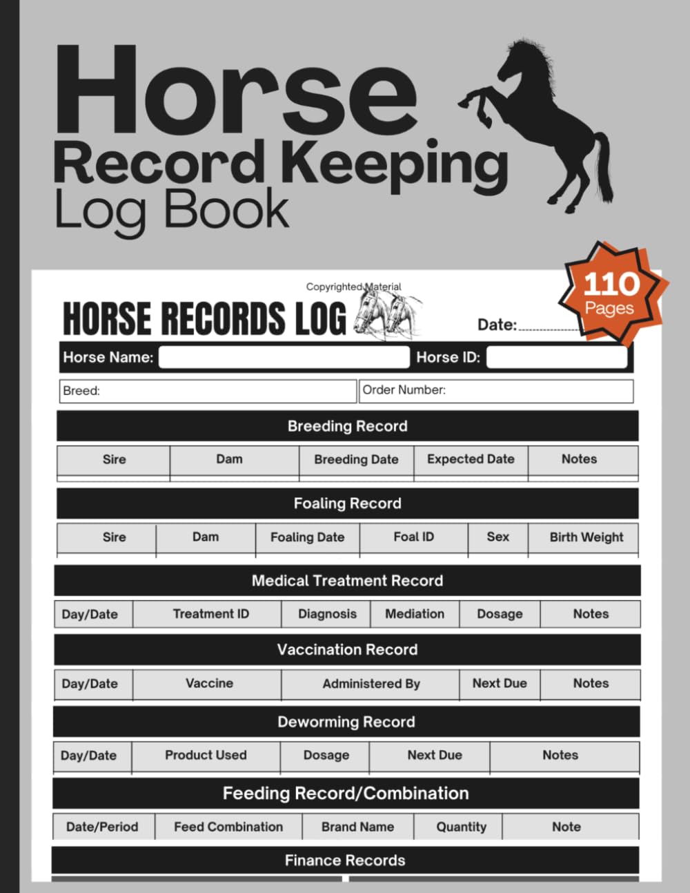 Horse Record Keeping Log Book: Horse Management Journal | Track Health, Breeding, Feeding, Expenses, Foaling, Stable Management, and More | Large Print 8.5" x 11" Inches, 110 pages