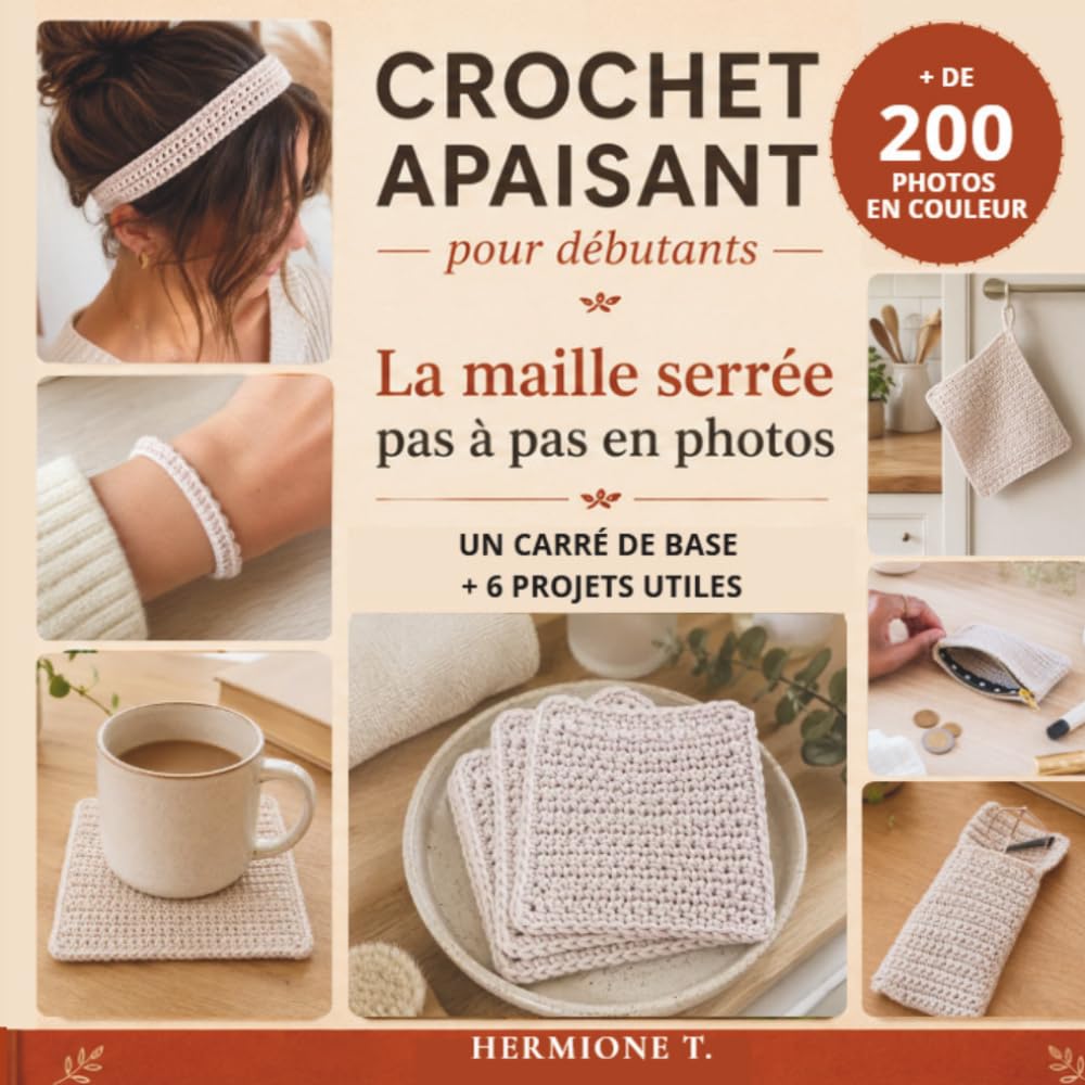 Crochet apaisant pour débutants: Apprendre la maille serrée pas à pas en photos: un carré de base aux bords réguliers + 6 projets utiles avec un seul point (French Edition) baixar livro de graça