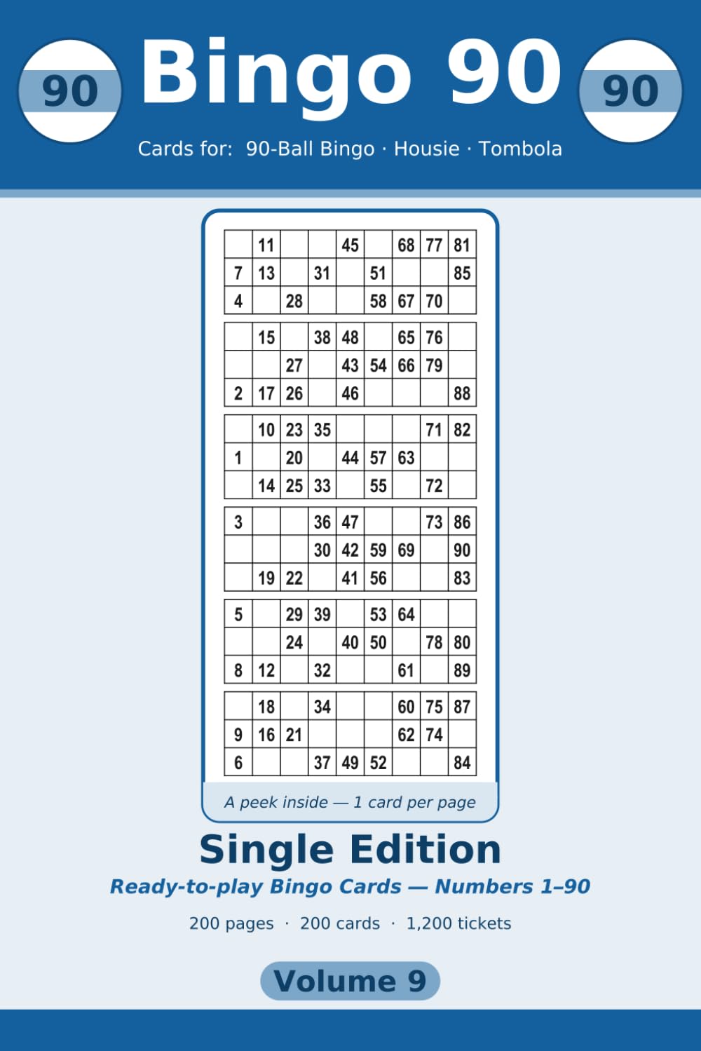 ler totalmente Bingo 90: Single Edition: 200 Large-Print 90-Ball Housie & Tombola Sheets, One Card Per Page (Volume 9)