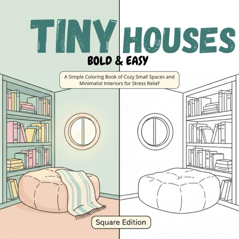 Tiny Houses Bold & Easy Coloring Book: A Simple Coloring Book of Cozy Small Spaces and Minimalist Interiors for Stress Relief. Square Edition with... Designs for Adults, Seniors, and Beginners. baixar livro de graça