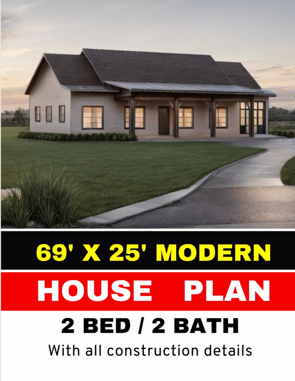 ler totalmente 69' x 25' Modern One-level House Plan: 2 Bedroom 2 Bathroom & Garage: CAD File with all Construction Details