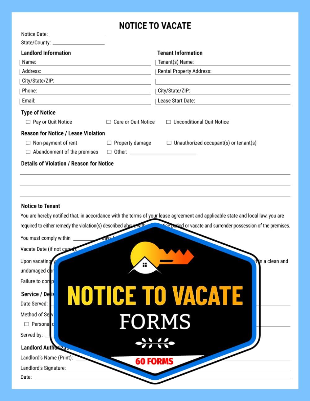 ler totalmente Notice to Vacate Forms: Landlord Notice to Quit for Tenants | Rental Property Move-Out Notification With Delivery Record | 60 Forms, 120 Single-Sided Pages