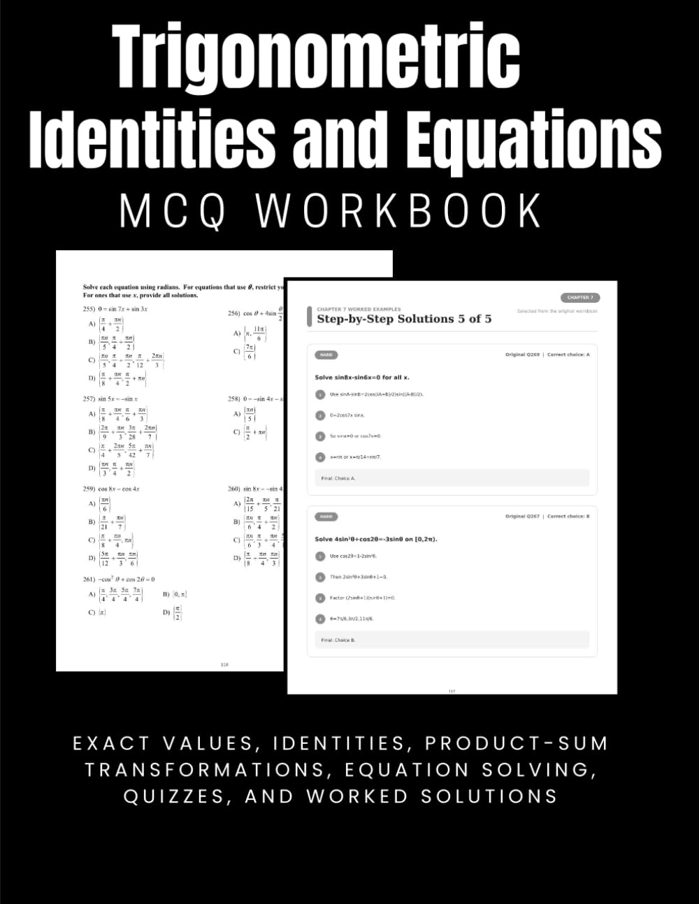 capítulo por capítulo baixar Trigonometric Identities and Equations MCQ Workbook: Exact values, identities, product-sum transformations, equation solving, quizzes, and worked solutions