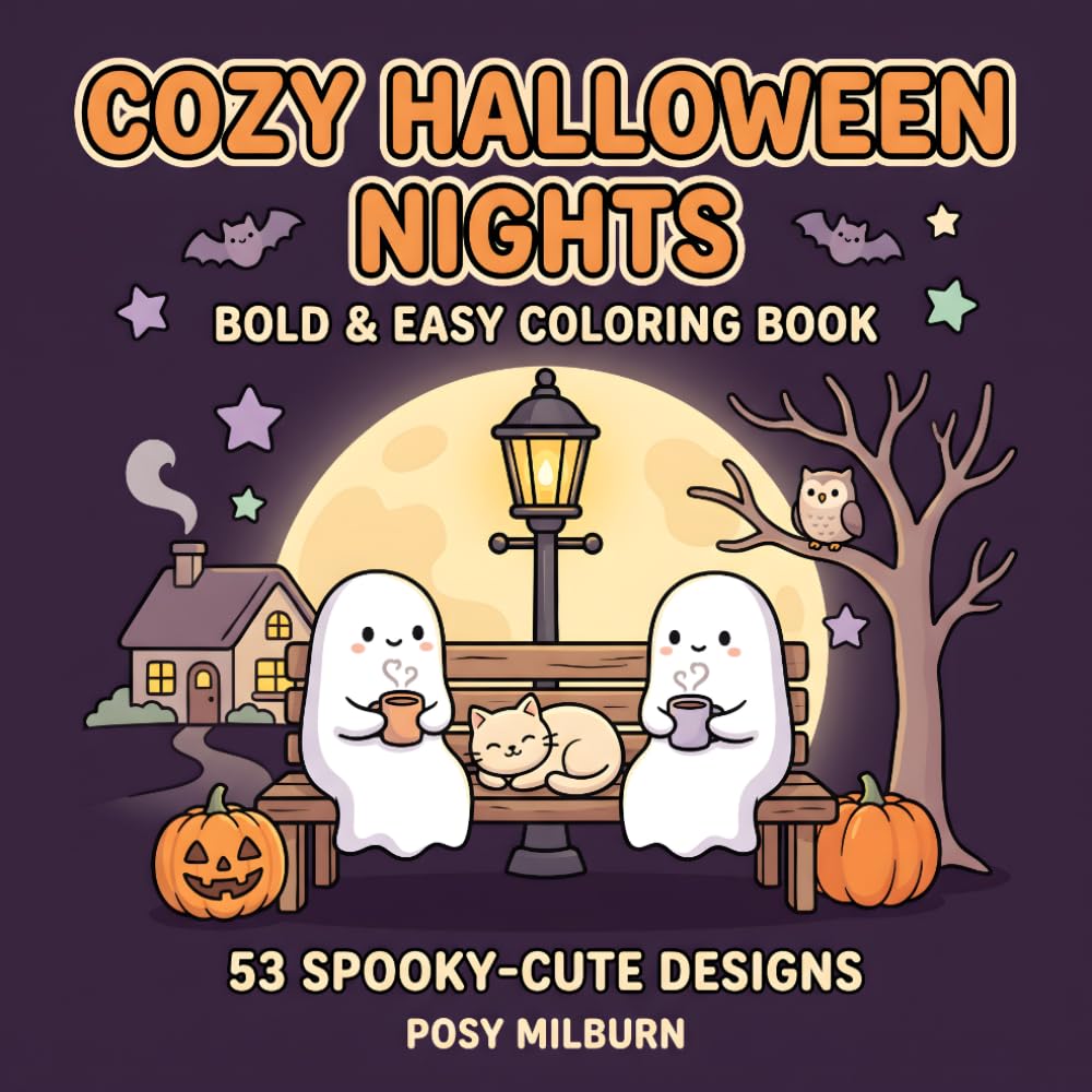 ler totalmente Cozy Halloween Nights: Spooky Bold and Easy Coloring Book for Adults and Teens with 53 Cute Friendly Ghosts and Cats in Hygge Moments