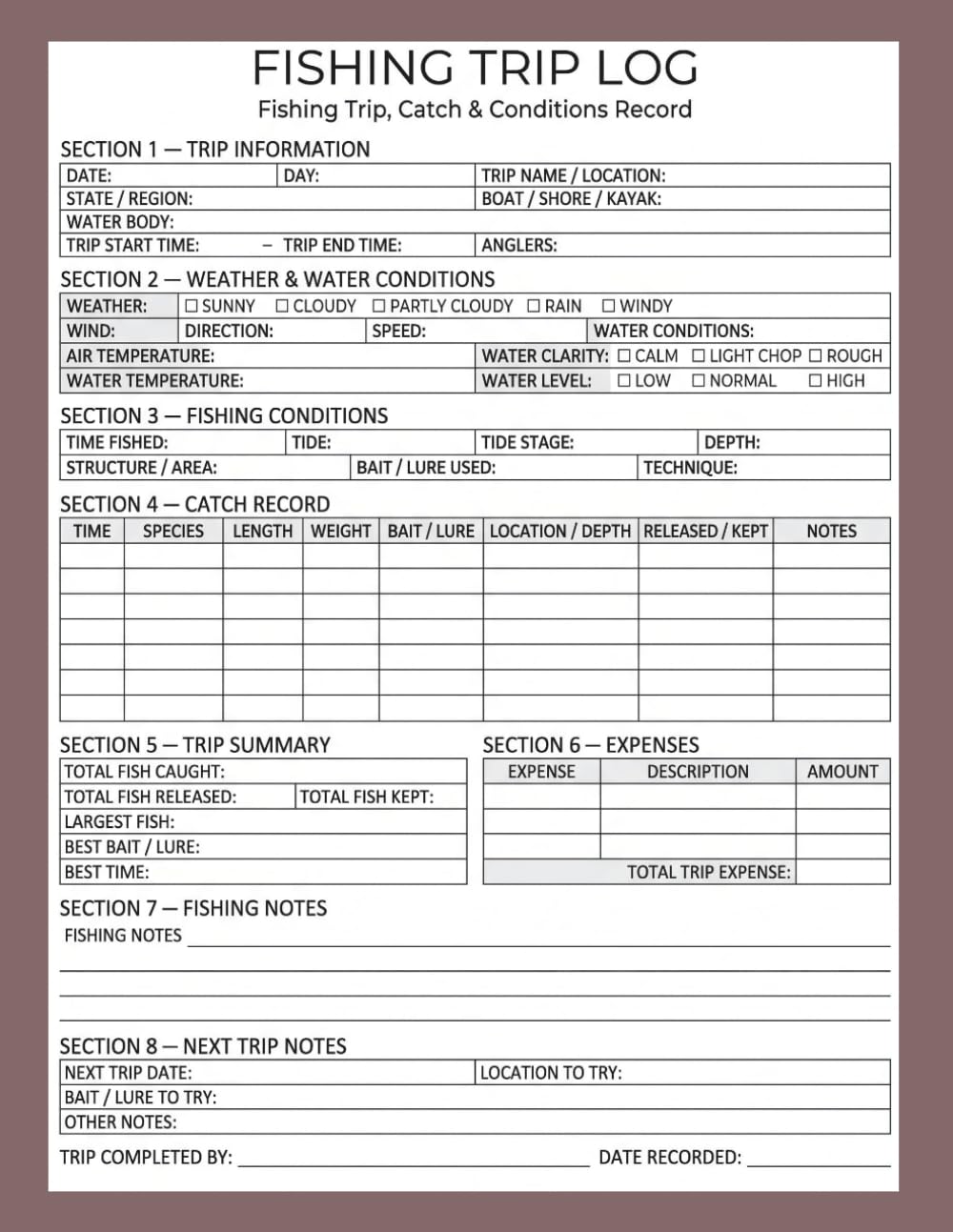 Fishing Trip Log Book: Fishing Trip, Catch, Weather & Conditions Record for Anglers baixar o livro de graça