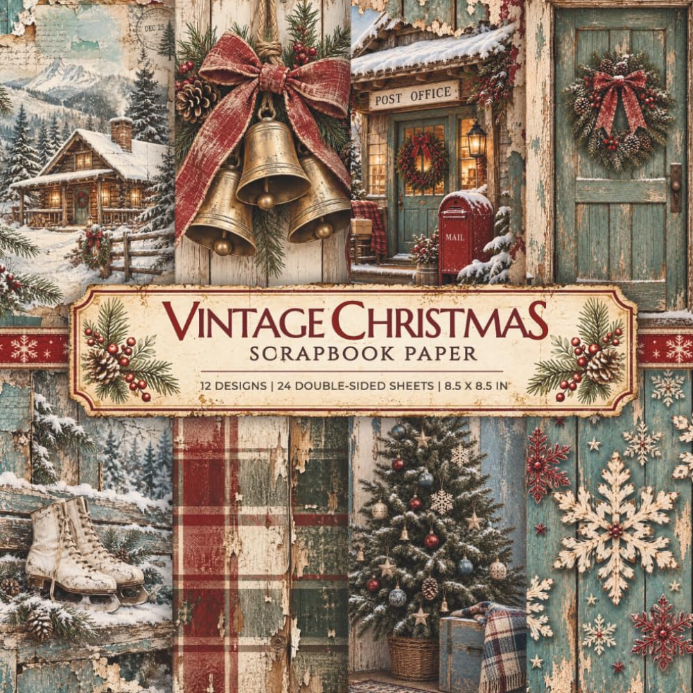 ler totalmente Vintage Christmas Scrapbook Paper: 24 Double-Sided Sheets, 12 Rustic Christmas Designs with Vintage Ephemera, Cabin, Wood Plaid & Holiday Patterns for Junk Journals and Crafts