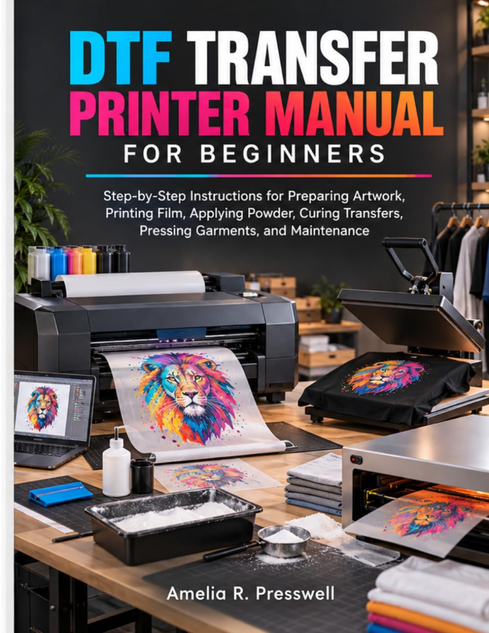 ler totalmente DTF Transfer Printer Manual for Beginners: Step-by-Step Instructions for Preparing Artwork, Printing Film, Applying Powder, Curing Transfers, Pressing Garments, and Maintenance