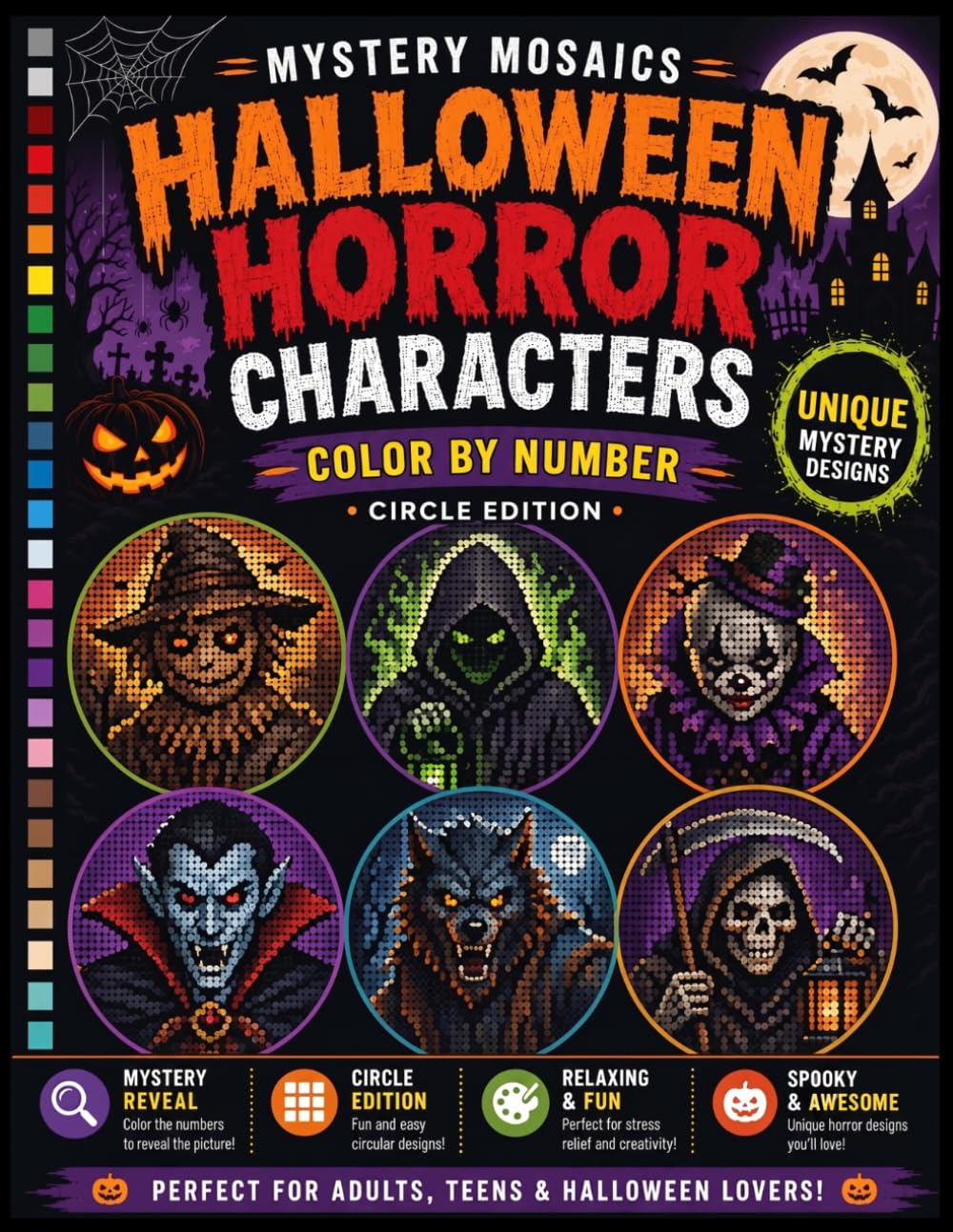 ler totalmente Halloween Horror Characters Mystery Mosaics Color by Number: Hexagon Pixel Puzzle Coloring Featuring Original Spooky Monsters, Dark Fantasy Creatures, and Hidden Pictures - Circle Edition