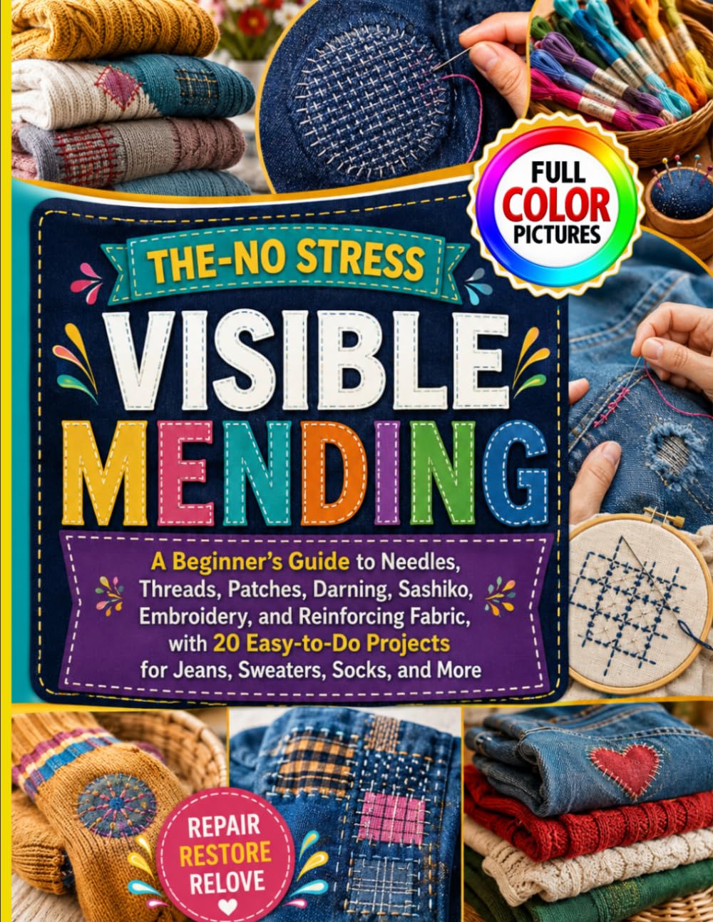 ler totalmente THE-NO STRESS VISIBLE MENDING: A Beginner’s Guide to Needles, Threads, Patches, Darning, Sashiko, Embroidery, and Reinforcing Fabric, with 20 Easy-to-Do Projects for Jeans, Sweaters, Socks, and More