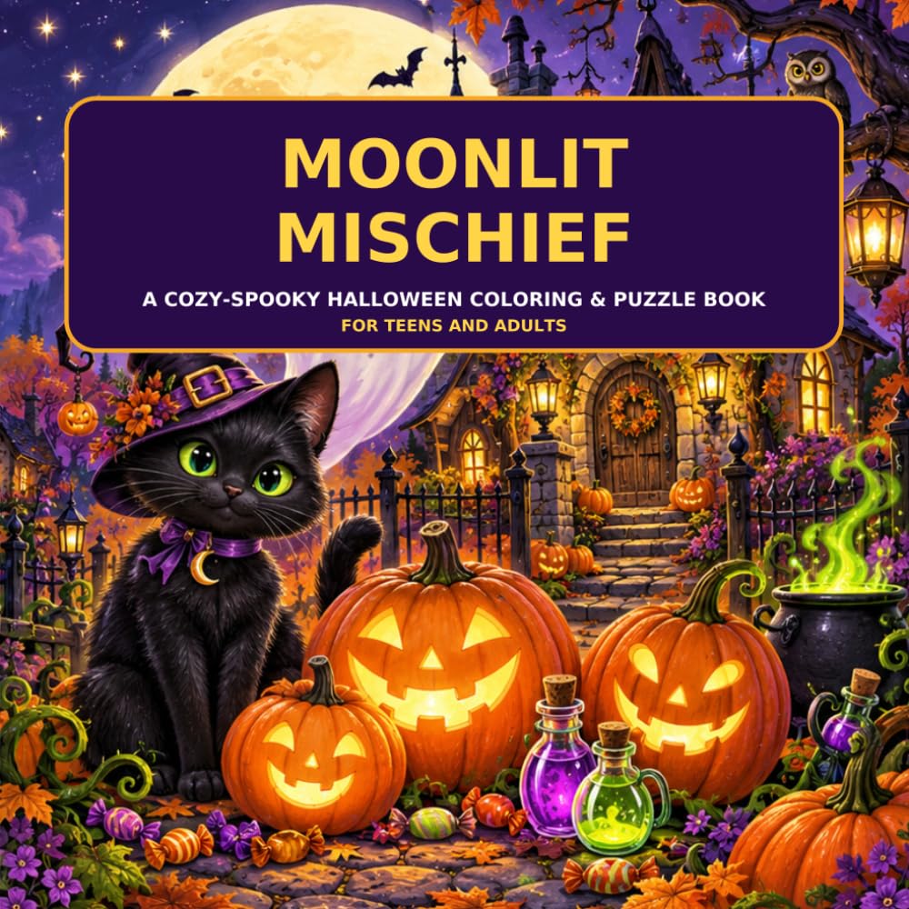 Moonlit Mischief: 46 Intricate Halloween Themed Coloring Pages, 4 Mazes & 4 Word Searches | 108 Pages, 8.5 × 8.5 Inches | Detailed Cozy-Spooky Fun for Teens and Adults baixar livro de graça