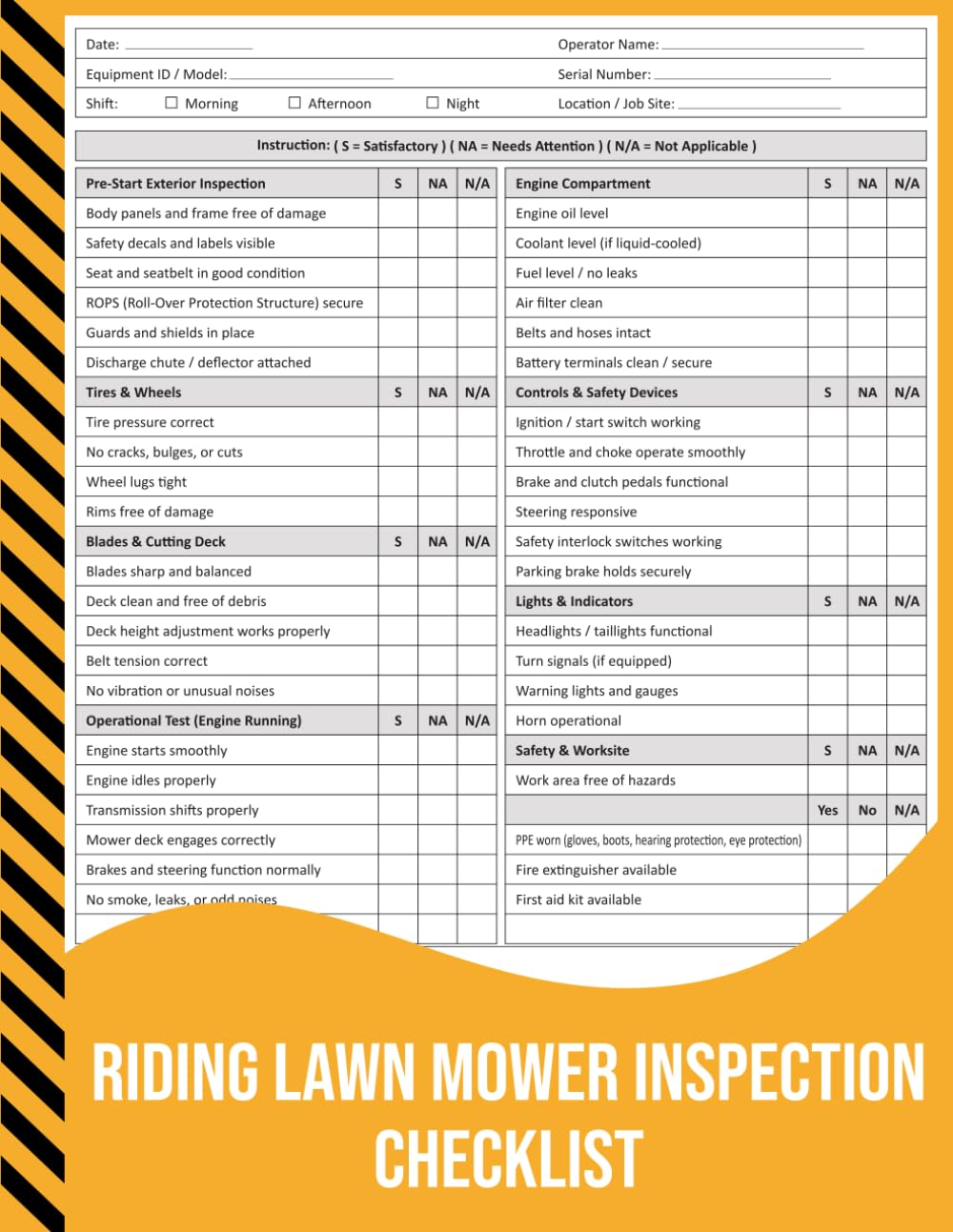 ler totalmente Riding Lawn Mower Inspection Checklist: Pre-Start Safety & Maintenance Log Book for Landscaping, Groundskeeping, and Garden Equipment.