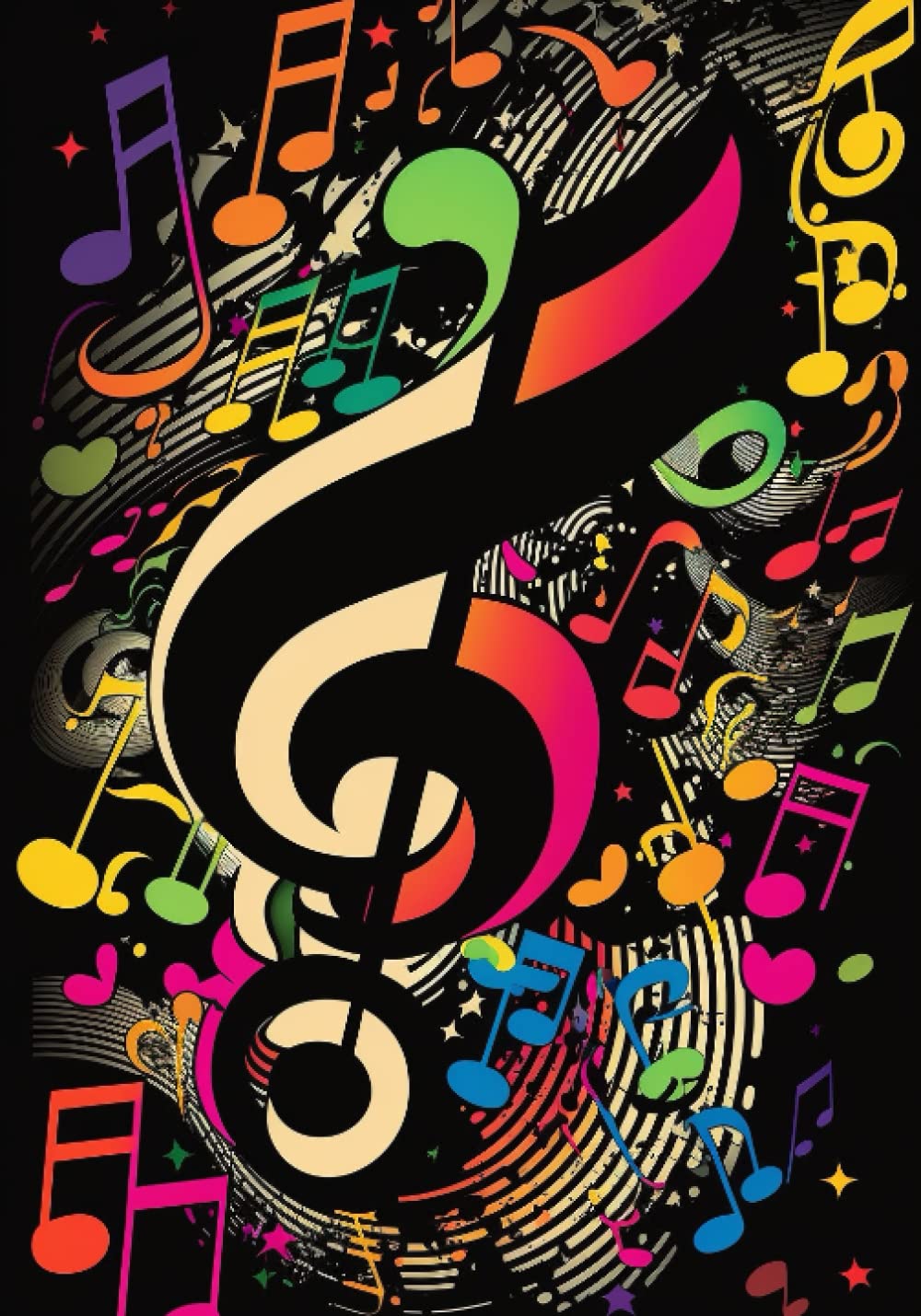 ler totalmente Notebook: 7x10, Blank, 80 pages. Fashionable Funky Cover with Musical Design on a Black Background/Papyrus Background