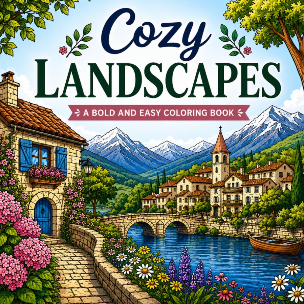 Cozy Landscapes: A Bold and Easy Coloring Book with 45 Relaxing Destinations, Gardens, Mountains, and Villages for Adults and Teens baixar o livro de graça
