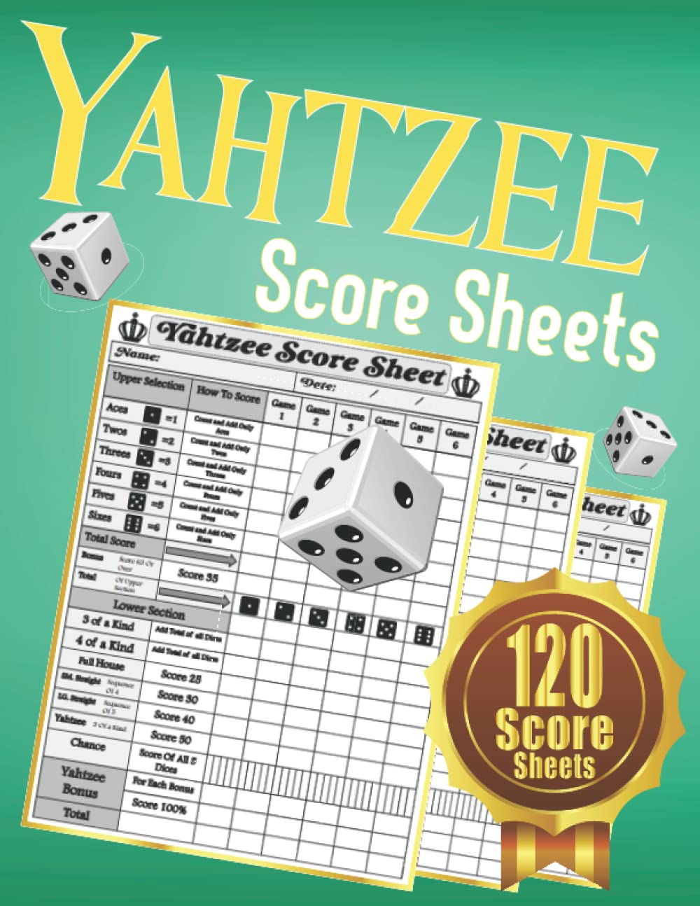 ler totalmente Yahtzee Score Sheets: More Than 100 Yahtzee Score Keeping Cards for Yahtzee Dice Game Lovers/ Yahtzee Scorebook Pads for Scorekeeping with Mini Yahtzee Box/ Green and Yellow Background