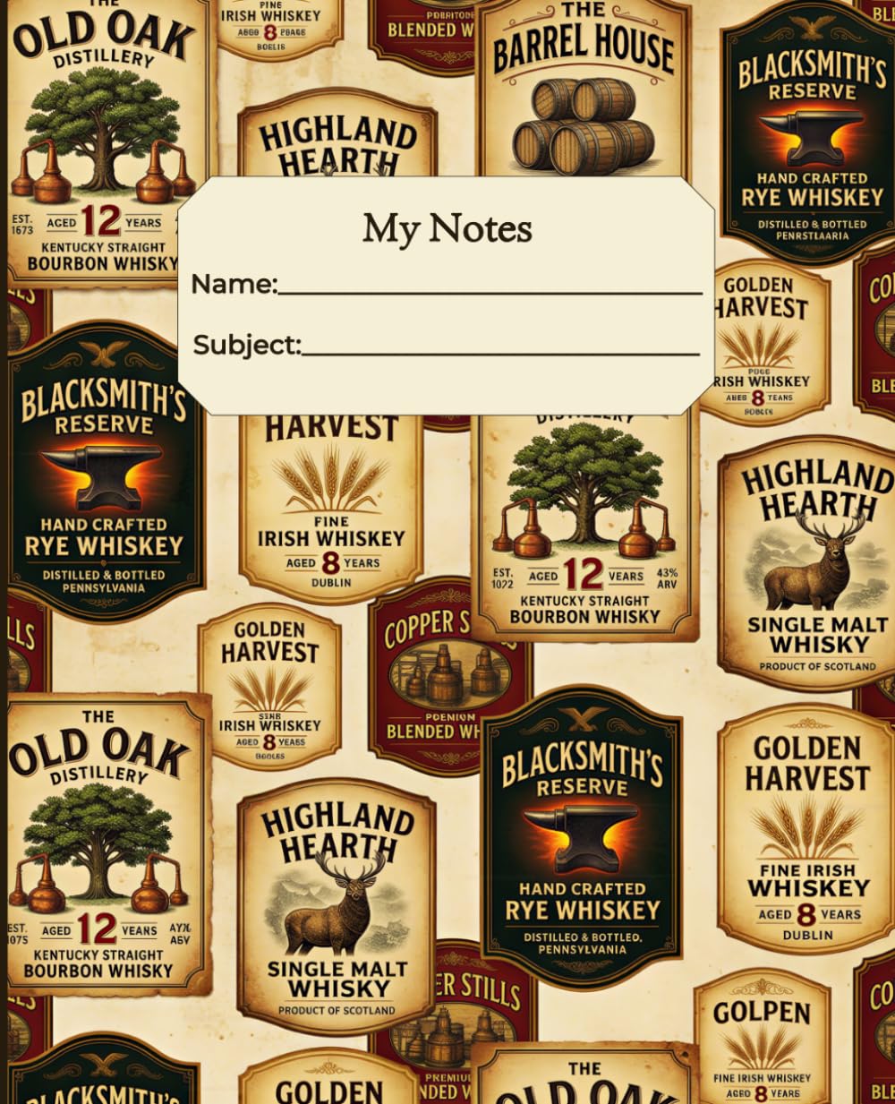 ler totalmente My Notes: Vintage Whiskey Labels College Ruled Composition Notebook, 7.5 x 9.25 Inches, 200 Pages for School, College, Work and Everyday Writing