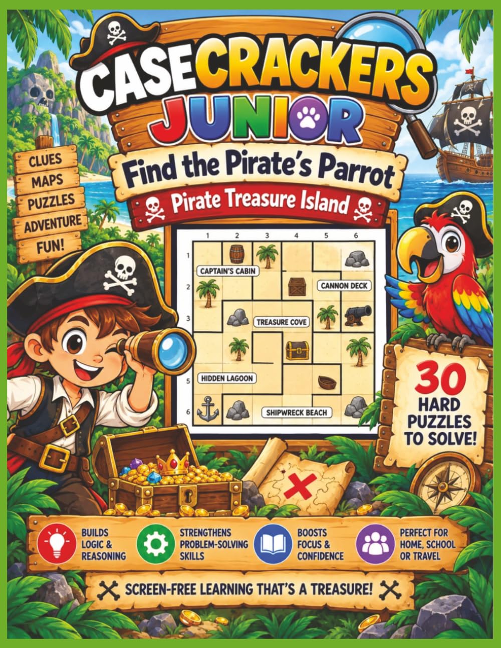 capítulo por capítulo baixar CaseCrackersJunior Find the Pirate's Parrot Pirate Treasure Island: 30 Hard Logic & Deduction Puzzles for Kids with Mystery Maps, Clues, Critical... Learning & Travel Game | 8.5 x 11 | 106 Pages