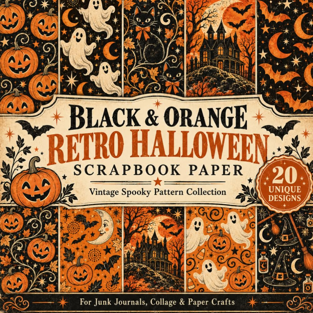 ler totalmente Black & Orange Retro Halloween Scrapbook Paper: Vintage Pumpkins, Ghosts, Black Cats & Haunted House Patterns for Junk Journals, Collage and Paper Crafts