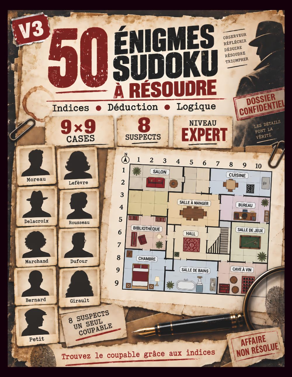 V3 – 50 Énigmes Sudoku à Résoudre: Enquêtes logiques de déduction – Grille 9 × 9, 8 suspects, 1 coupable – Niveau expert (French Edition) baixar o livro de graça