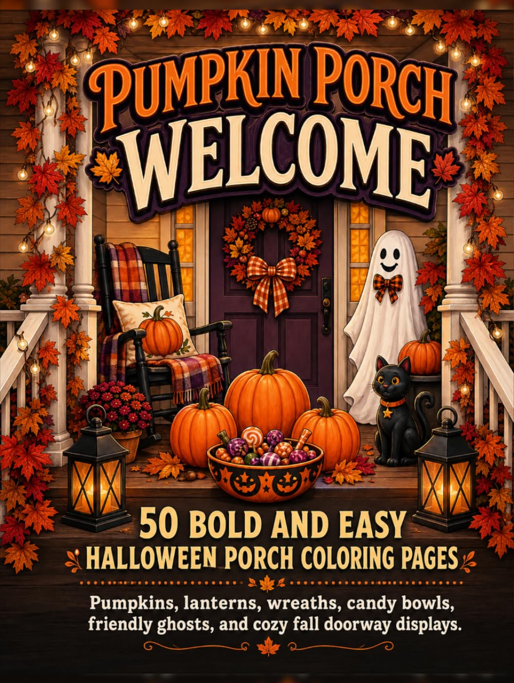 Pumpkin Porch Welcome: 50 Bold and Easy Coloring Pages of Halloween Porches, Pumpkins, Lanterns, Wreaths, Candy Bowls, Friendly Ghost Décor, Rocking Chairs, and Fall Leaves baixar o livro de graça