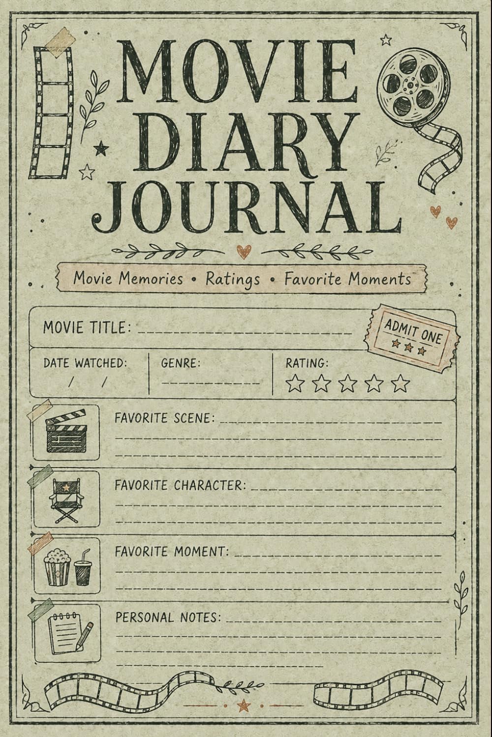 ler totalmente Movie Diary Journal: Personal Movies Tracker for Viewing Dates, Ratings, Genres, Favorite Characters, Memorable Scenes, Story Notes, and Film Memories