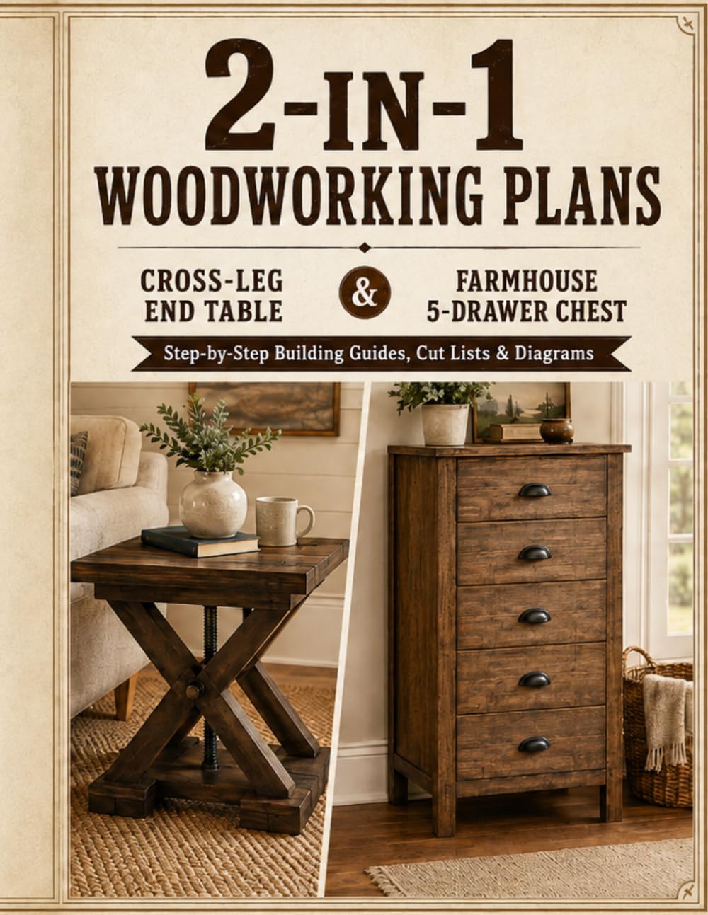 2-in-1 Woodworking Plans: Cross-Leg End Table & Farmhouse 5-Drawer Chest – Step-by-Step Building Guides, Cut Lists & Diagrams baixar o livro de graça