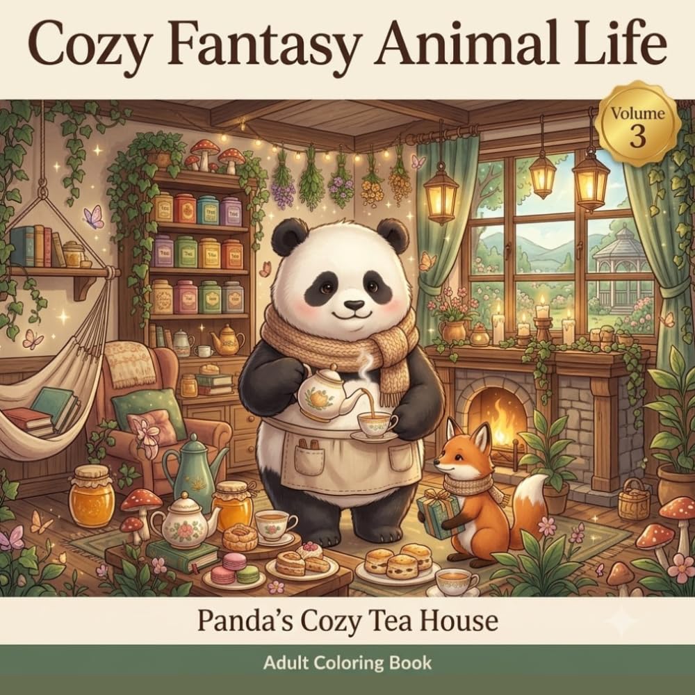 COZY FANTASY ANIMAL LIFE: Volume 3: Panda's Cozy Tea House, Adult Coloring Book, A Magical Storybook Adventure of Tea, Friendship, and Woodland Charm