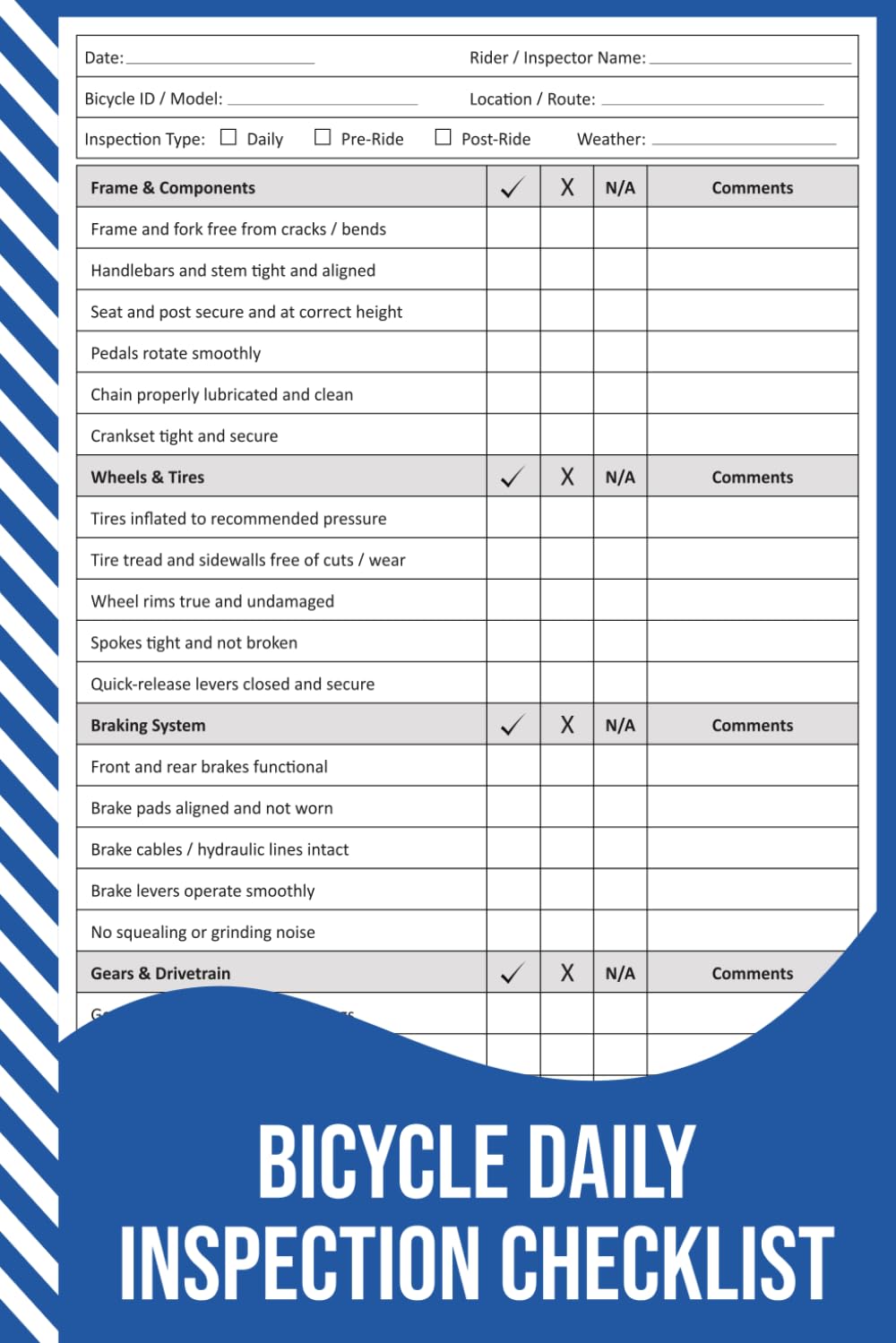 ler totalmente Bicycle Daily Inspection Checklist: Pre-Ride and Post-Ride Bicycle Safety Inspection Record for Road, Mountain, and E-Bikes.