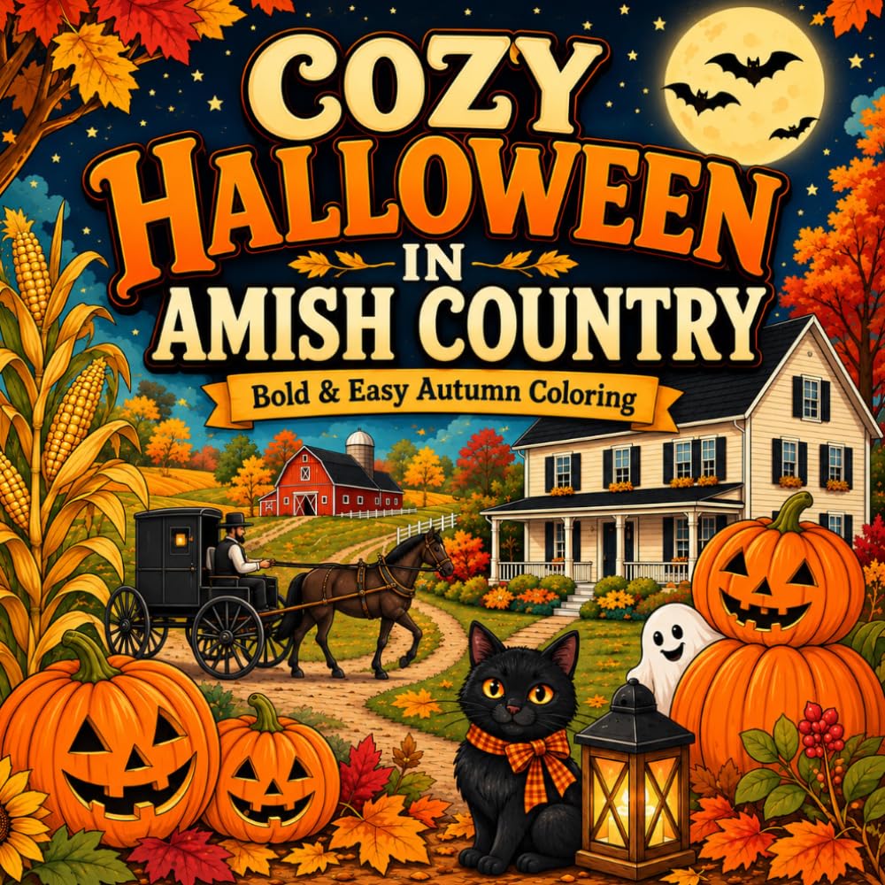 ler totalmente Cozy Halloween in Amish Country: Bold & Easy Autumn Coloring for Adults, Teens & Seniors with Pumpkins, Barns, Buggies, Harvest Nights and Relaxing Country Scenes