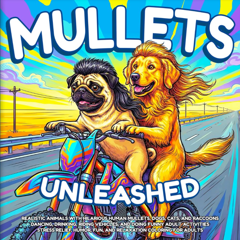 ler totalmente Mullets Unleashed: Realistic Animals with Hilarious Human Mullets, Dogs, Cats, and Raccoons Dancing, Drinking, Riding Vehicles, and Doing Funny Adult... Fun, and Relaxation Coloring for Adults