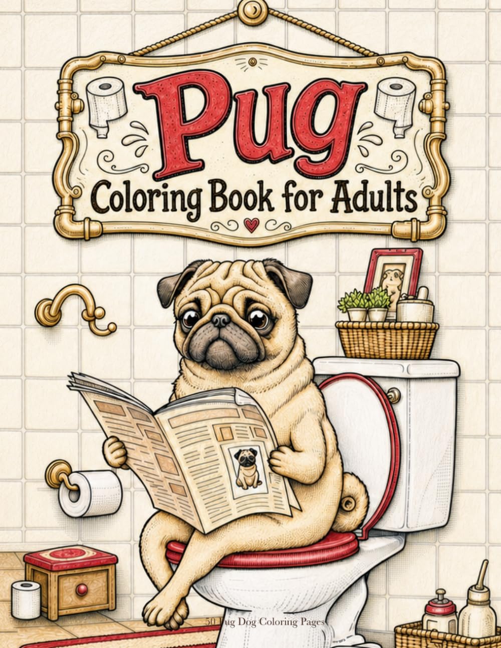 ler totalmente Pug Coloring Book for Adults, 50 Funny Pug Dog Coloring Pages