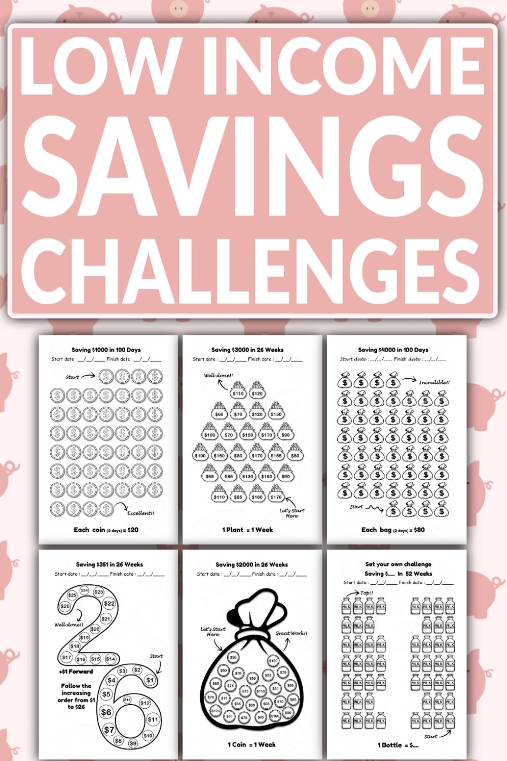 ler totalmente Low Income Savings Challenge Book: Fun and Simple Money Saving Challenge Book | Variety of Savings Challenges from $100, $150, $200, $250, $300, $400,... $20000 | Daily, Weekly Money Savings Tracker