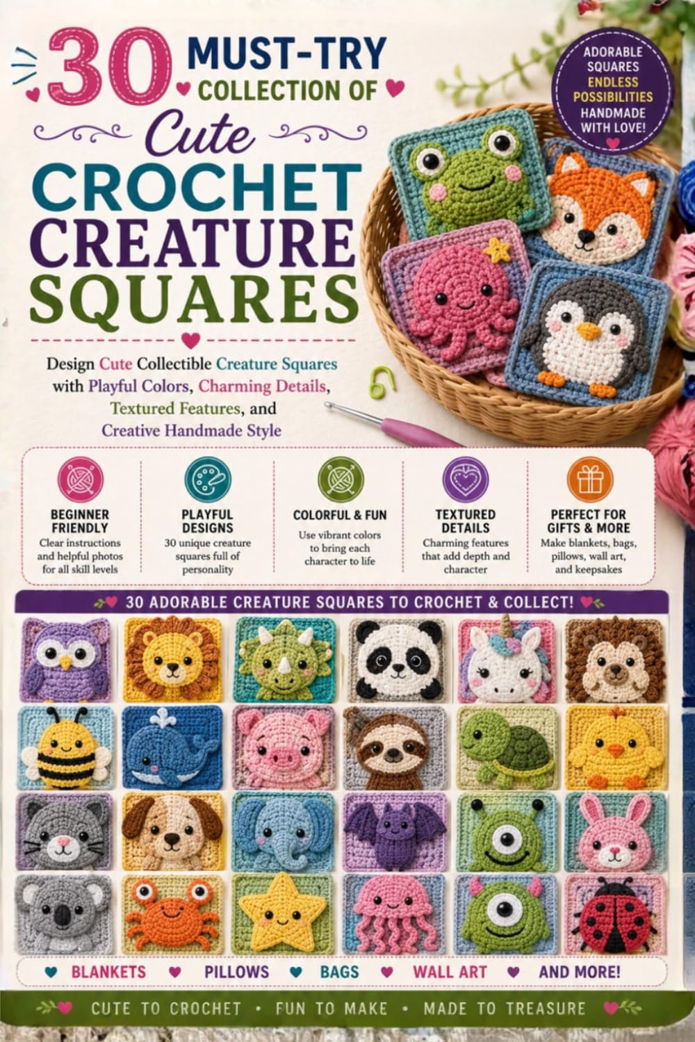 30 Must-Try Collection of Cute Crochet Creature Squares: Design Cute Collectible Creature Squares with Playful Colors, Charming Details, Textured Features, and Creative Handmade Style baixar livro de graça