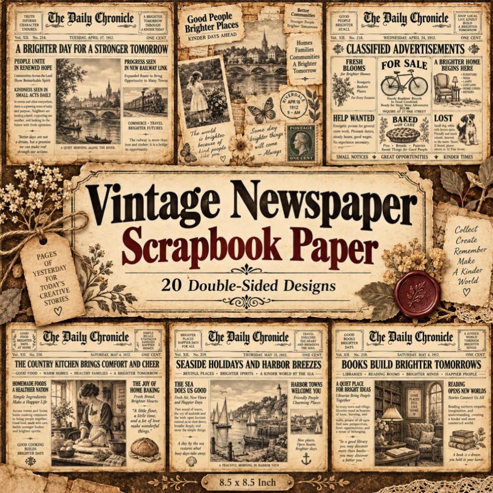 Vintage Newspaper Scrapbook Paper: 20 Double-Sided Aged Newsprint Designs for Junk Journals, Decoupage, Card Making & Collage | 8.5 x 8.5 Inch baixar livro de graça