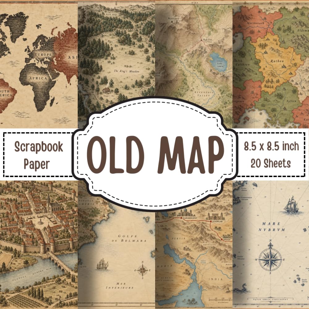 ler totalmente Old Map Scrapbook Paper: 20 Double-Sided Antique Map Pattern Papers with Vintage Cartography, Explorer and Old World Travel Designs for Scrapbooking,... and DIY Paper Crafts – 8.5 x 8.5 Inches