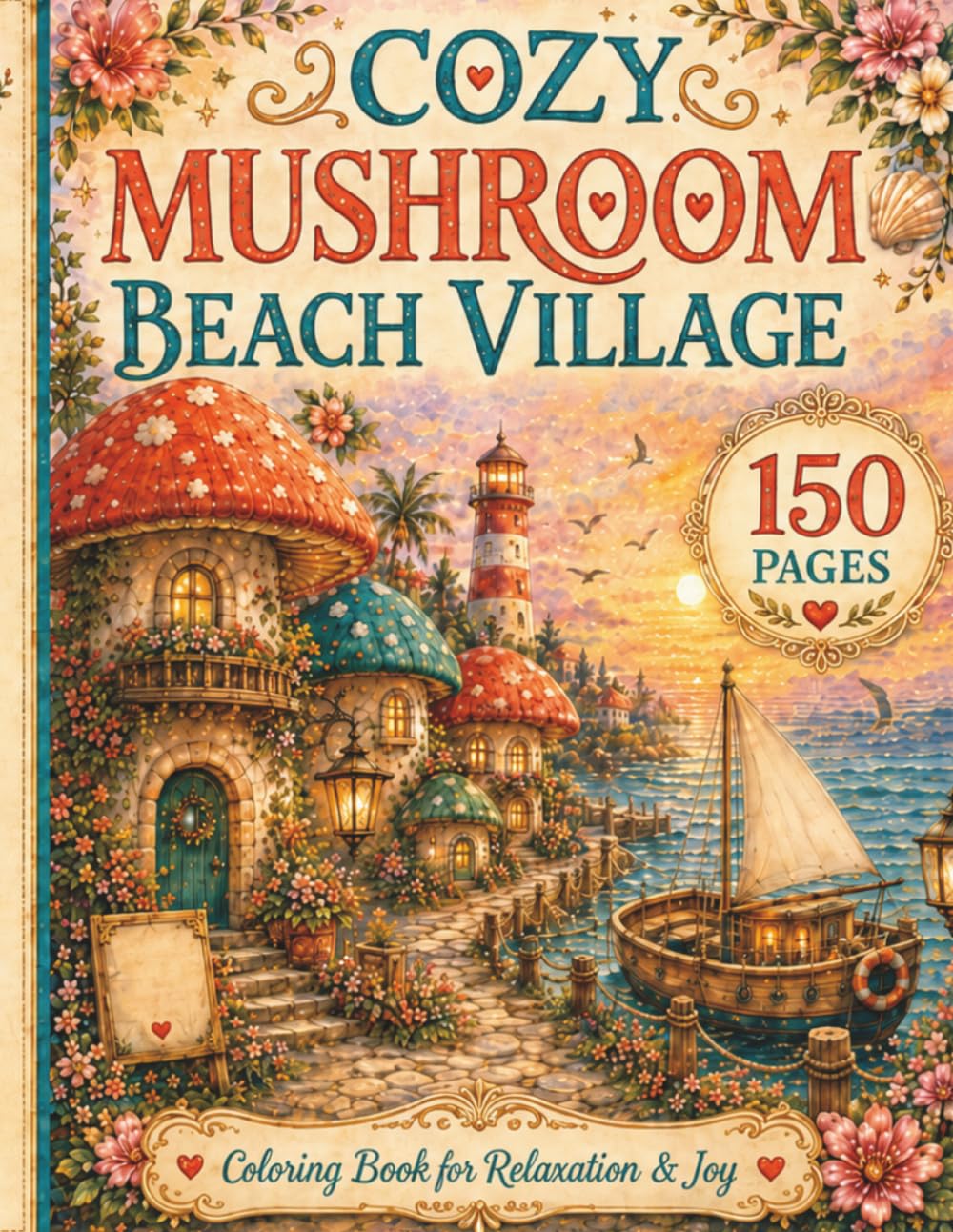 Cozy Mushroom Beach Village Coloring Book for Adults: 150 Relaxing Seaside Cottagecore Coloring Pages with Mushroom Hous: 150 Relaxing Seaside ... Flowers and Whimsical Beach Village Design