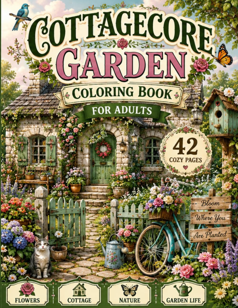 ler totalmente Cottagecore Garden Coloring Book for Adults:: Escape Into a World of Flowers, Cozy Cottages, Whimsical Gardens & Peaceful Country Living