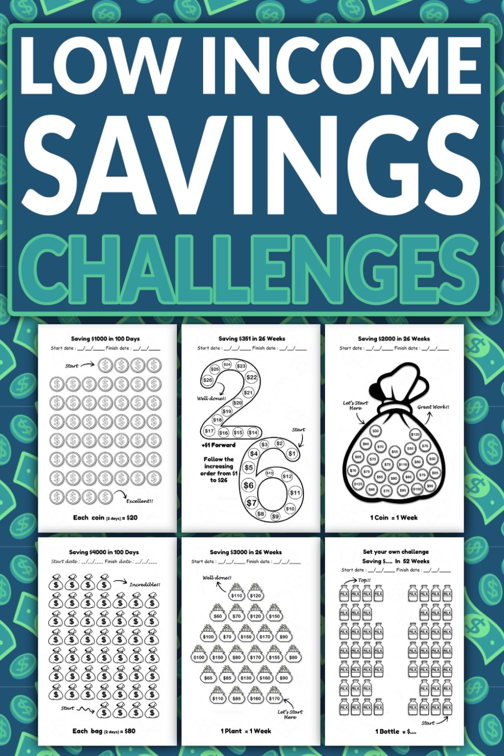 ler totalmente Low Income Savings Challenge Book: A Fun and Easy Money-Saving Challenge Book | Save from $100, $150, $200, $250, $300, $400, $500, $1000, $1500,... with Daily and Weekly Cash Savings Tracker.