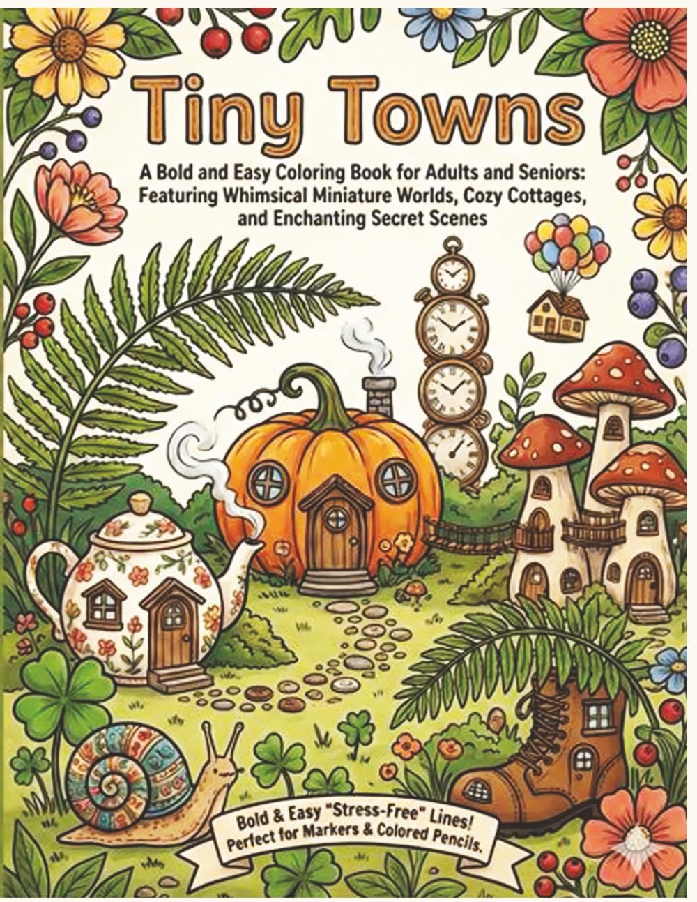 Tiny Towns: A Bold and Easy Coloring Book for Adults and Seniors: Featuring Whimsical Miniature Worlds, Cozy Cottagecore Homes, and Relaxing Fantasy Architecture baixar livro de graça