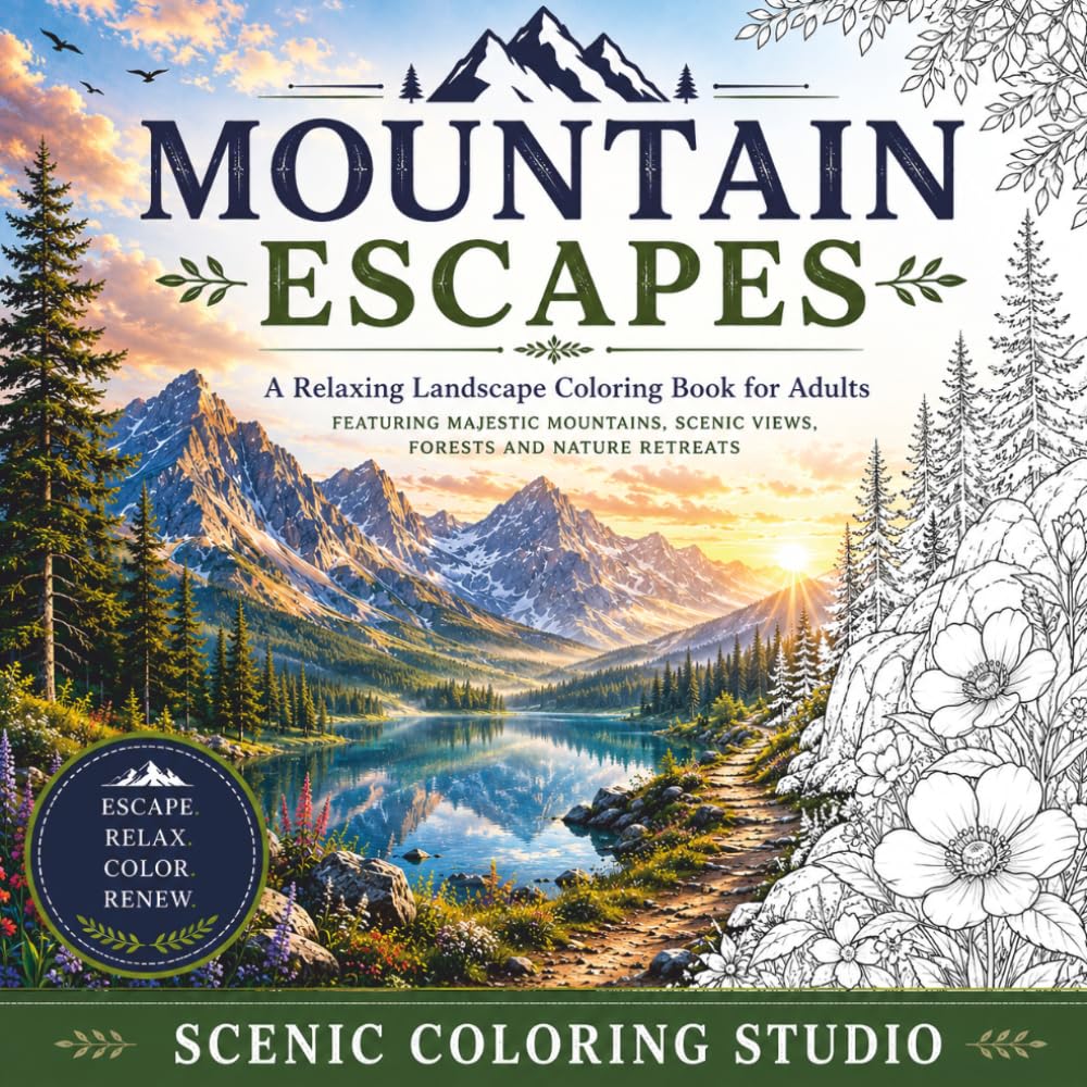 MOUNTAIN ESCAPES: A Relaxing Landscape Coloring Book for Adults Featuring Majestic Mountains, Scenic Views, Forests and Nature Retreats baixar o livro de graça