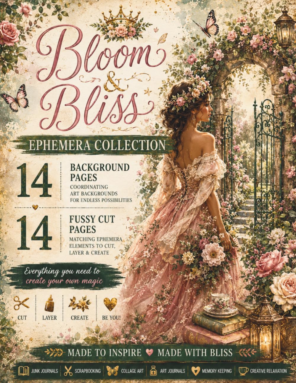 ler totalmente Ephemera Cut and Collage - Bloom & Bliss: 14 Coordinated Fussy-Cut Pages & 14 Matching Backgrounds for Junk Journals, Scrapbooking & Creative Journaling.